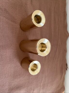 Vintage Scanmalay Set of Three Brass Cylinder Candle Holders. Made in Denmark.